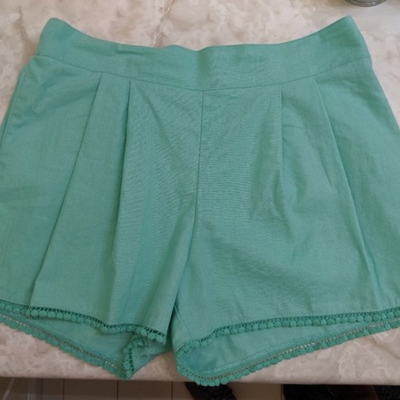 BeBop - Pleated Shorts w/ Pom Fringe + Elastic Back | Seafoam Blue | Large - Picture 8 of 14